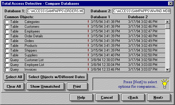 Select Microsoft Access Objects to Compare for Differences