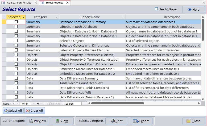 Microsoft Access Database Difference Reports