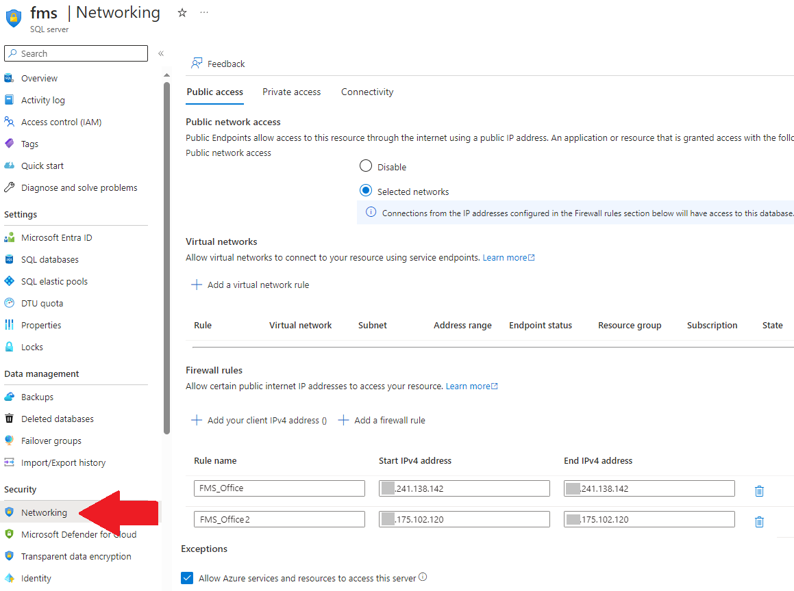 Microsoft SQL Server Azure Networking Rules