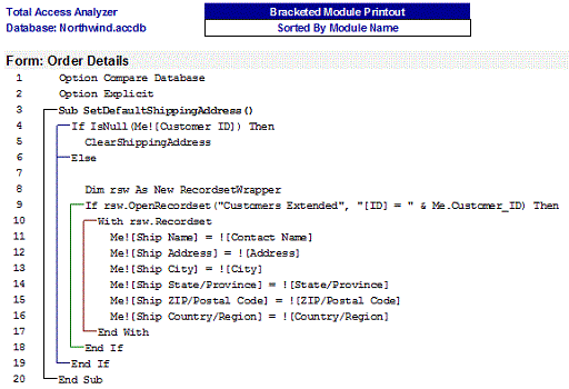 Microsoft Access Module Formatted and Bracketed Loops Report