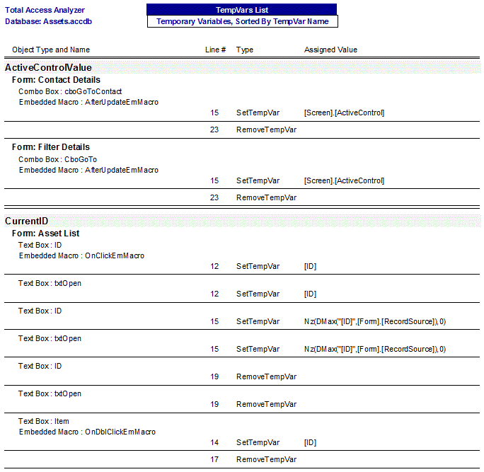 Microsoft Access Temporary Variable TempVar List