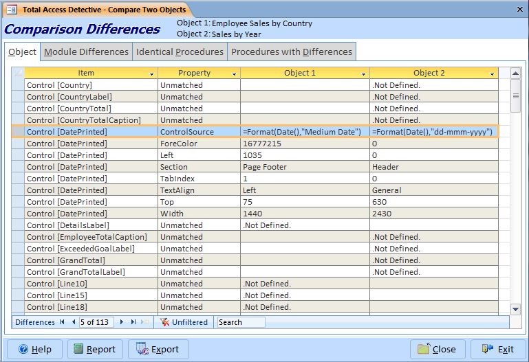 Difference between two Microsoft Access reports showing controls in one but not the other, property and section differences