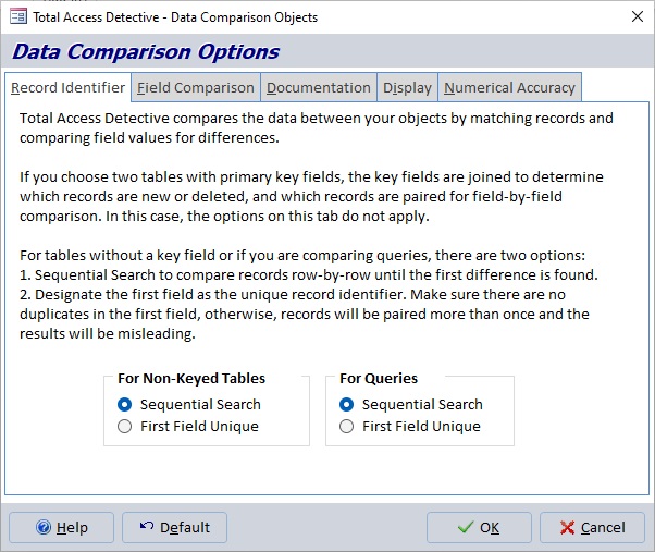 Compare data in Microsoft Access tables and queries sequentially or with a unique idenfier or virtual key field