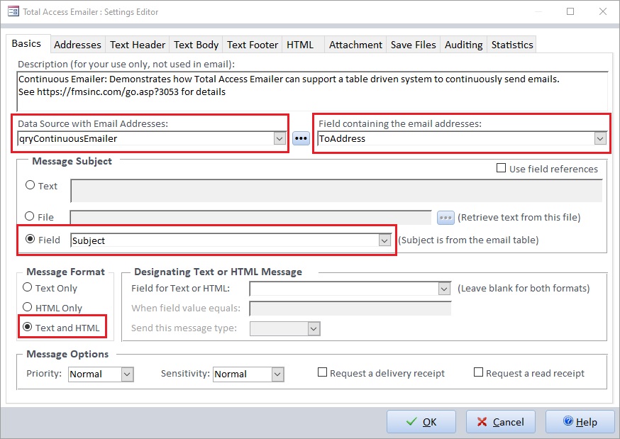 Table for sending emails from Microsoft Access