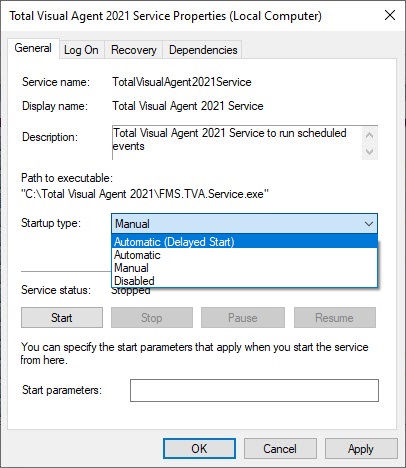 Wndows Service General Tab for Automatic (Delayed Start)